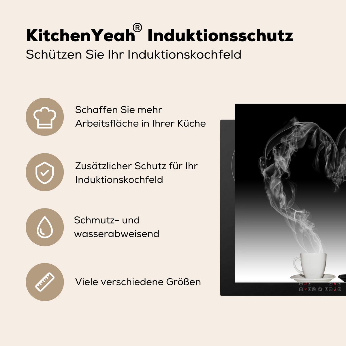 HERDABDECKPLATTE Kaffee - Herz - Schwarz und weiß - Tassen Abdeckung Ceranfeld 59x51 cm - Weiß, Kunststoff (59/51/0.2cm) - MuchoWow