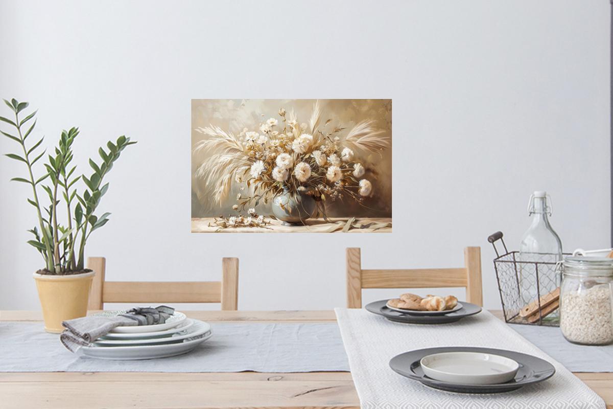 WANDTATTOO Blumen - Vase - Stilleben - Beige Deko Wohnzimmer 60x40 cm - Creme, Kunststoff (60/40/0.1cm) - MuchoWow