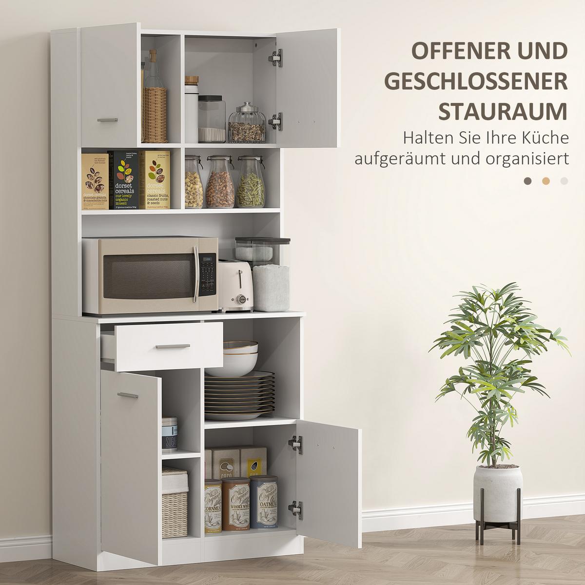 KÜCHENSCHRANK Hochschrank mit verstellbaren Regalen Schublade Weiß - Silberfarben/Weiß, Holzwerkstoff/Metall (35/180/80cm) - HOMCOM