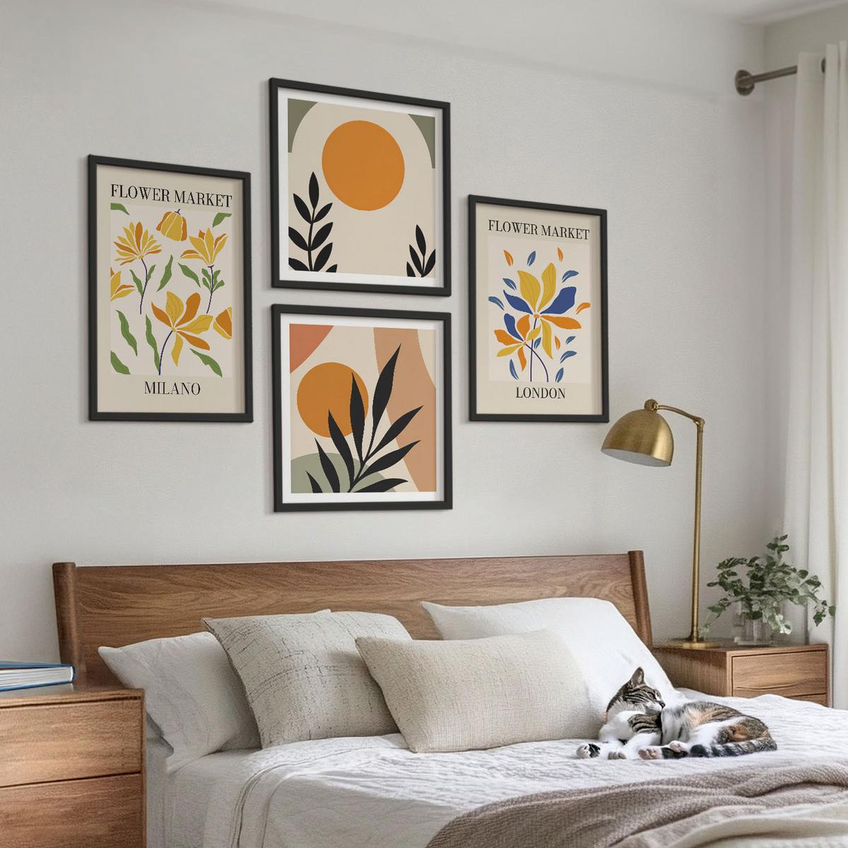 BILDER SET 4er Set - 50x50 cm & 40x60 cm Schwarzer Rahmen - Blumenposter Paris Mailand - Schwarz, Kunststoff (50/50cm) - TULUP