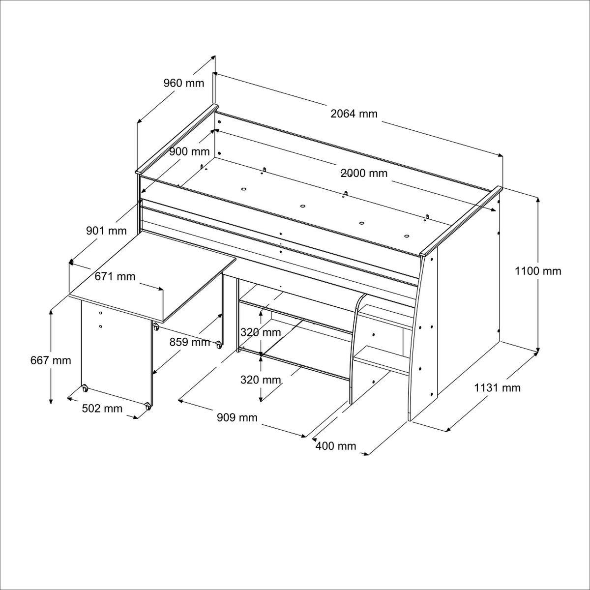 HOCHBETT weiß Jugendzimmer Bett 90 x 200 mit Schreibtisch ausziehbar - Silberfarben/Weiß, Holz/Holzwerkstoff (90/200cm) - Parisot Meuble