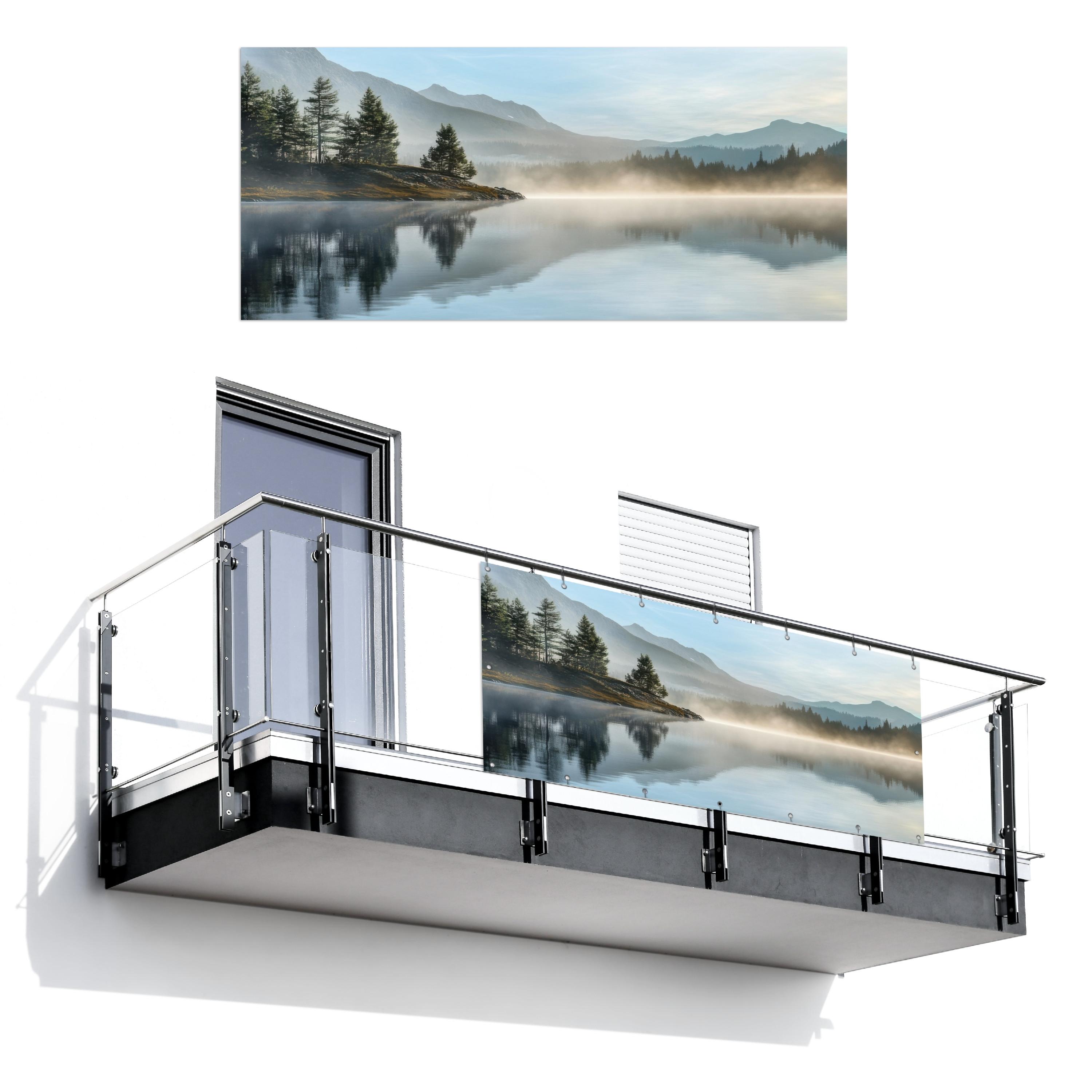 BALKON-SICHTSCHUTZ See - Nebel - Berge - Landschaft Witterungsbeständig 200x90 cm - Hellblau, Kunststoff (200/90cm) - MuchoWow