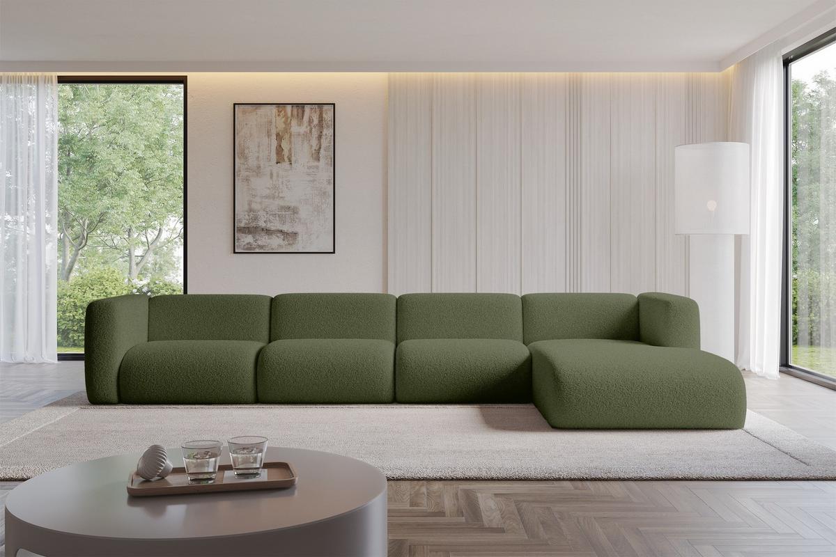 ECKSOFA Ottomane Rechts MIRA-L3 409x179x70 Grün Bouclé - Schwarz/Olivgrün, Holzwerkstoff/Kunststoff (409/179cm) - ALTDECOR