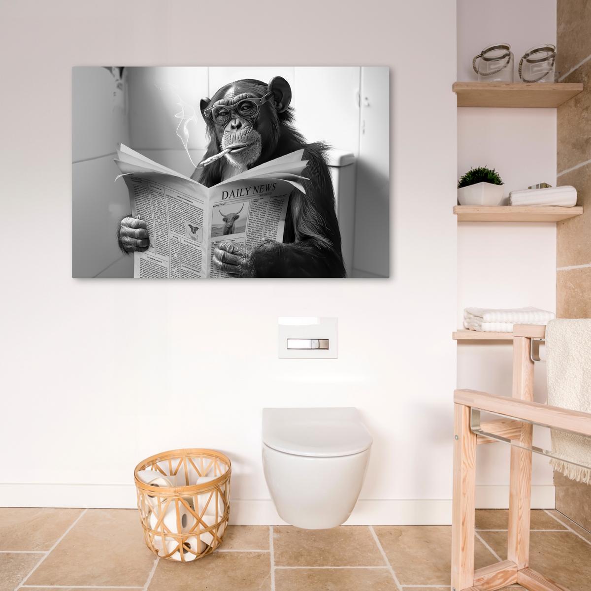 LEINWANDBILD Affe - WC - Zeitung - Schwarz-Weiß - Humor Wohnzimmer Groß 120x80 cm - Hellgrau, Textil (120/80cm) - MuchoWow
