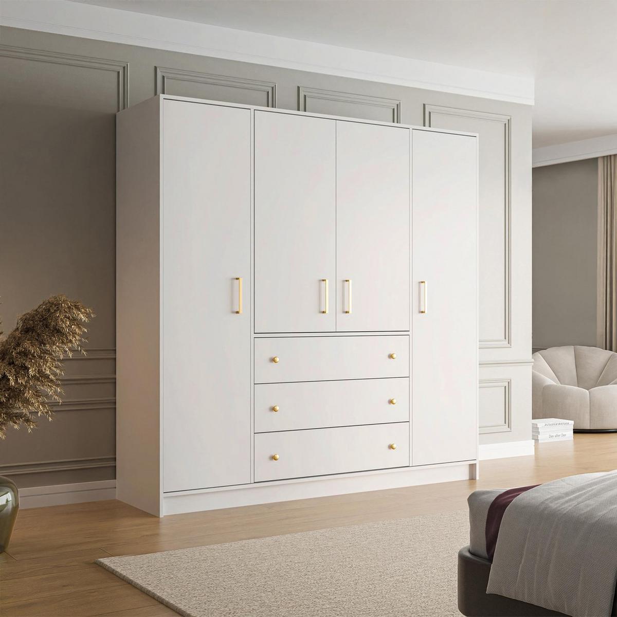 DREHTÜRENSCHRANK Rilo mit 4 Türen und 3 Schubladen, 200 cm, Kaschmir - Kaschmir/Goldfarben, Holzwerkstoff (196/200/58cm) - Beautysofa