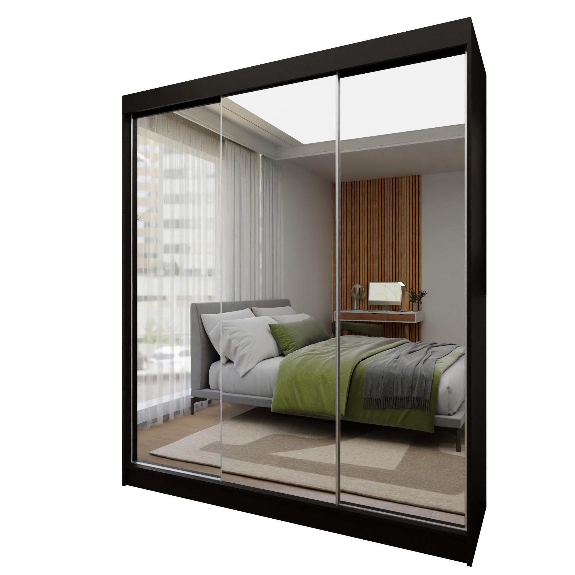 SCHWEBETÜRENSCHRANK BELLINA 180/216/61 cm 3-türig mit Spiegel Schwarz - Schwarz, Holzwerkstoff (180/216/61cm) - MASSENO