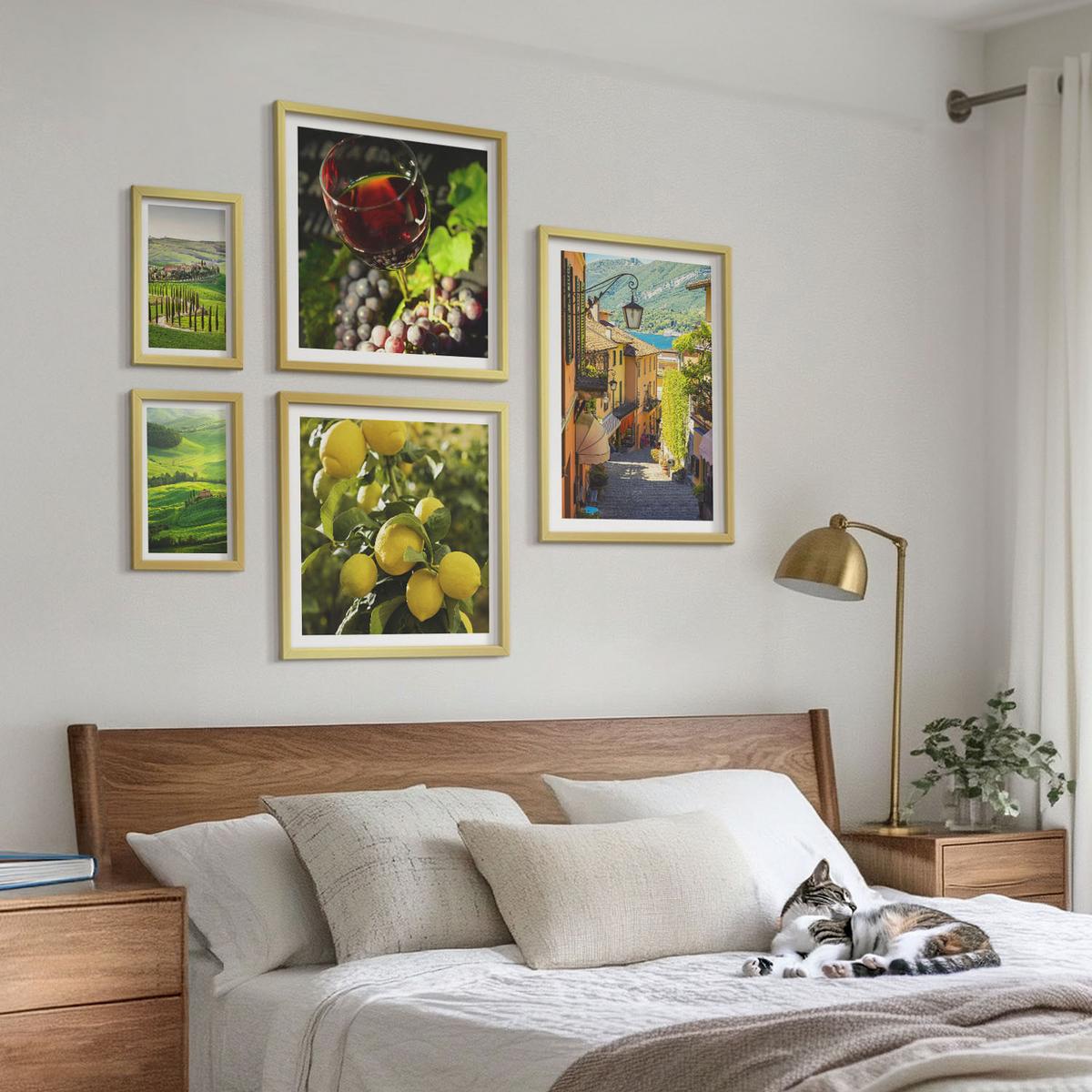 BILDER SET 5er Set - 50x50 cm & 20x30 cm & 40x60 cm Goldrahmen - Italienische Landschaften, Zitrushügel - Goldfarben, Kunststoff (40/60cm) - TULUP