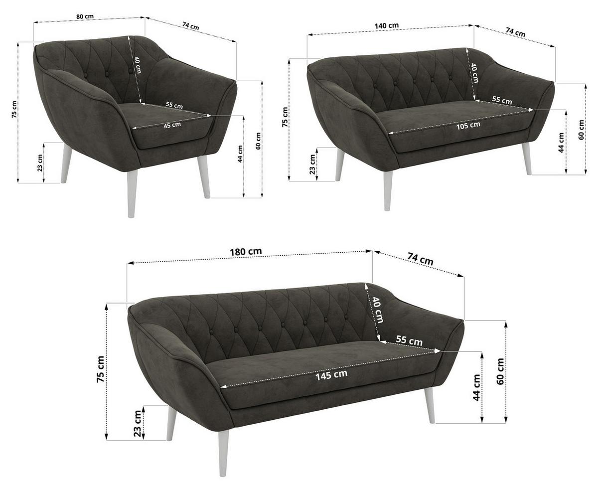 SITZGARNITUR PIRS 3+2+1 - Dunkelgrau Velvet - Weiße Beine - Dunkelgrau/Weiß, Holzwerkstoff/Textil (180/75/74cm) - MKS