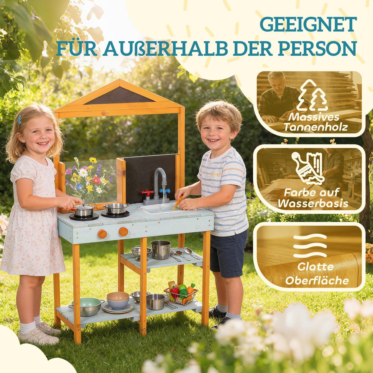 OUTDOOR-KINDER-MATSCHKÜCHE Tannenholz Edelstahl Hellblau - Hellblau, Holz (33.5/69cm) - AIYAPLAY