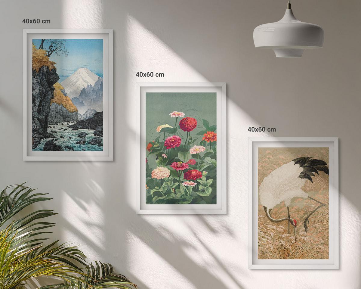 BILDER SET 3er Set - 40x60 cm Weißer Rahmen - Berglandschaft, Fluss, Blumen, Kraniche - Weiß, Kunststoff (40/60cm) - TULUP