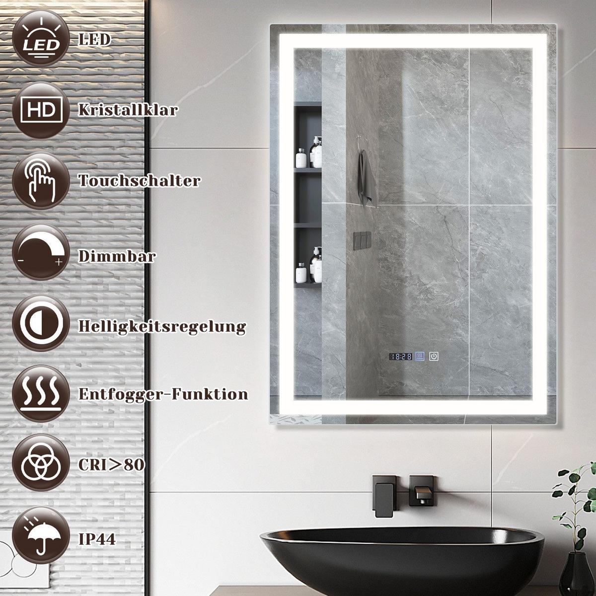 BADEZIMMERSPIEGEL Jena mit LED-Leuchte 60/80/2.5 cm - Weiß, Glas (80/2.5/60cm) - Nettlife