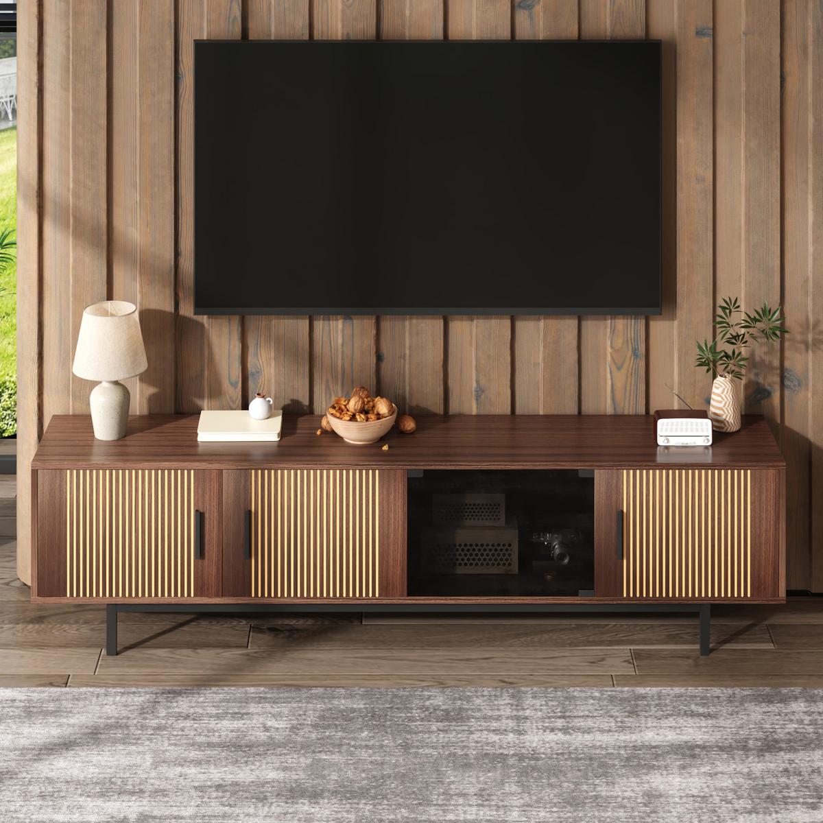 TV-LOWBOARD mit geschnitzter Textur, Glas-Tür & LED-Beleuchtung - Braun, Holz (35/53/200cm) - Urban Meuble