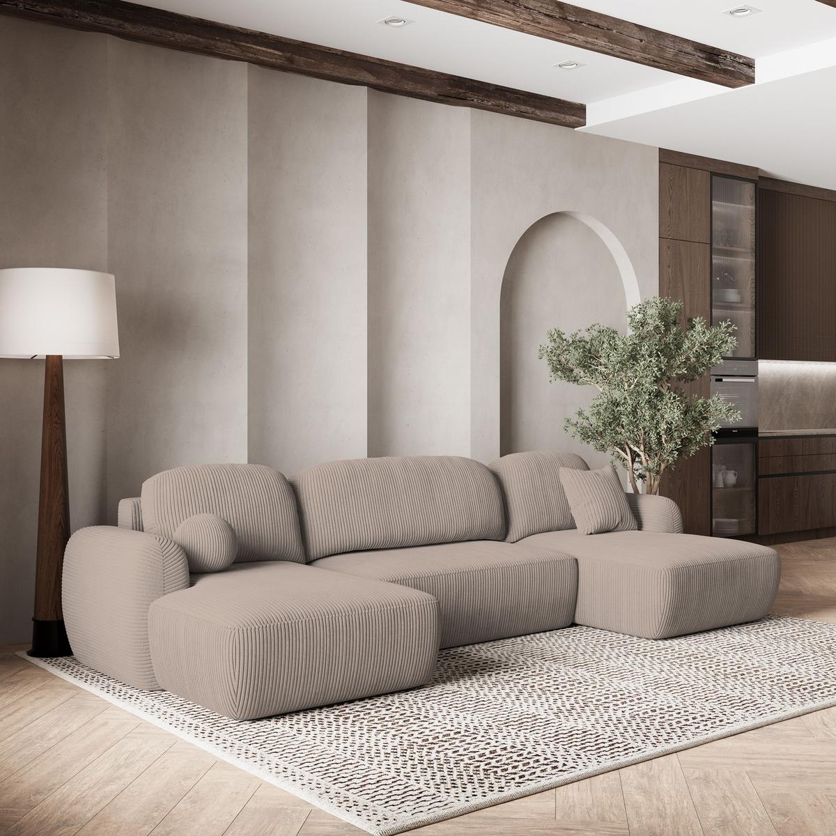 WOHNLANDSCHAFT SAVONA P Beige Kordstoff mit Schlaffunktion - Beige/Schwarz, Holz/Kunststoff (320/90/148cm) - MASSENO