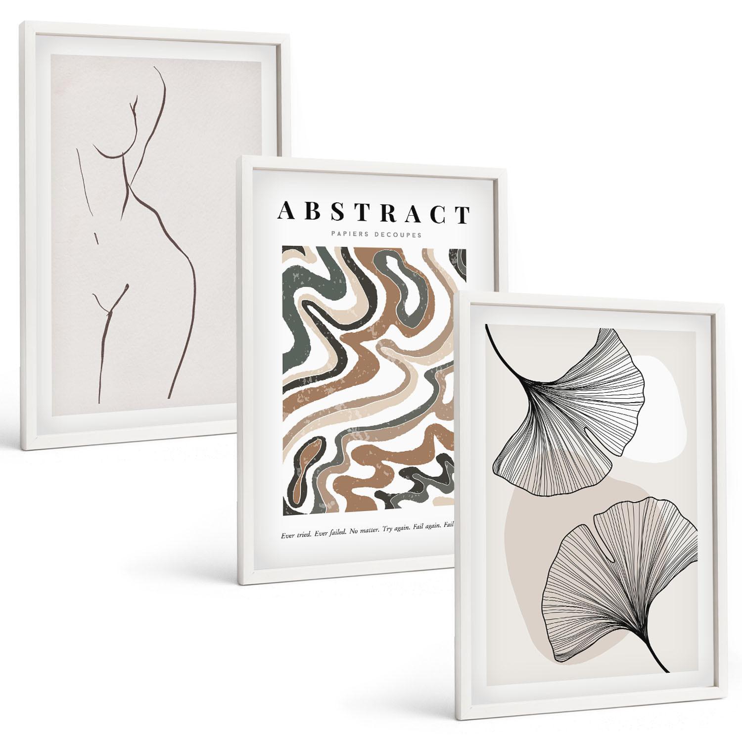 BILDER SET 3er Set - 40x60 cm Weißer Rahmen - Abstrakte Boho-Musterformen - Weiß, Kunststoff (40/60cm) - TULUP