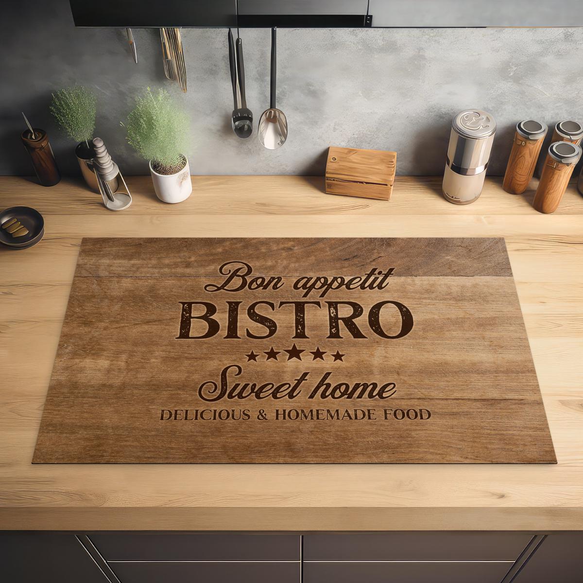 HERDABDECKPLATTE Zitat - Bistro - Guten Appetit - Süßes Zuhause - Holzmaserung Induktionsmatte 83x51 cm - Braun, Kunststoff (83/51.5/0.2cm) - MuchoWow