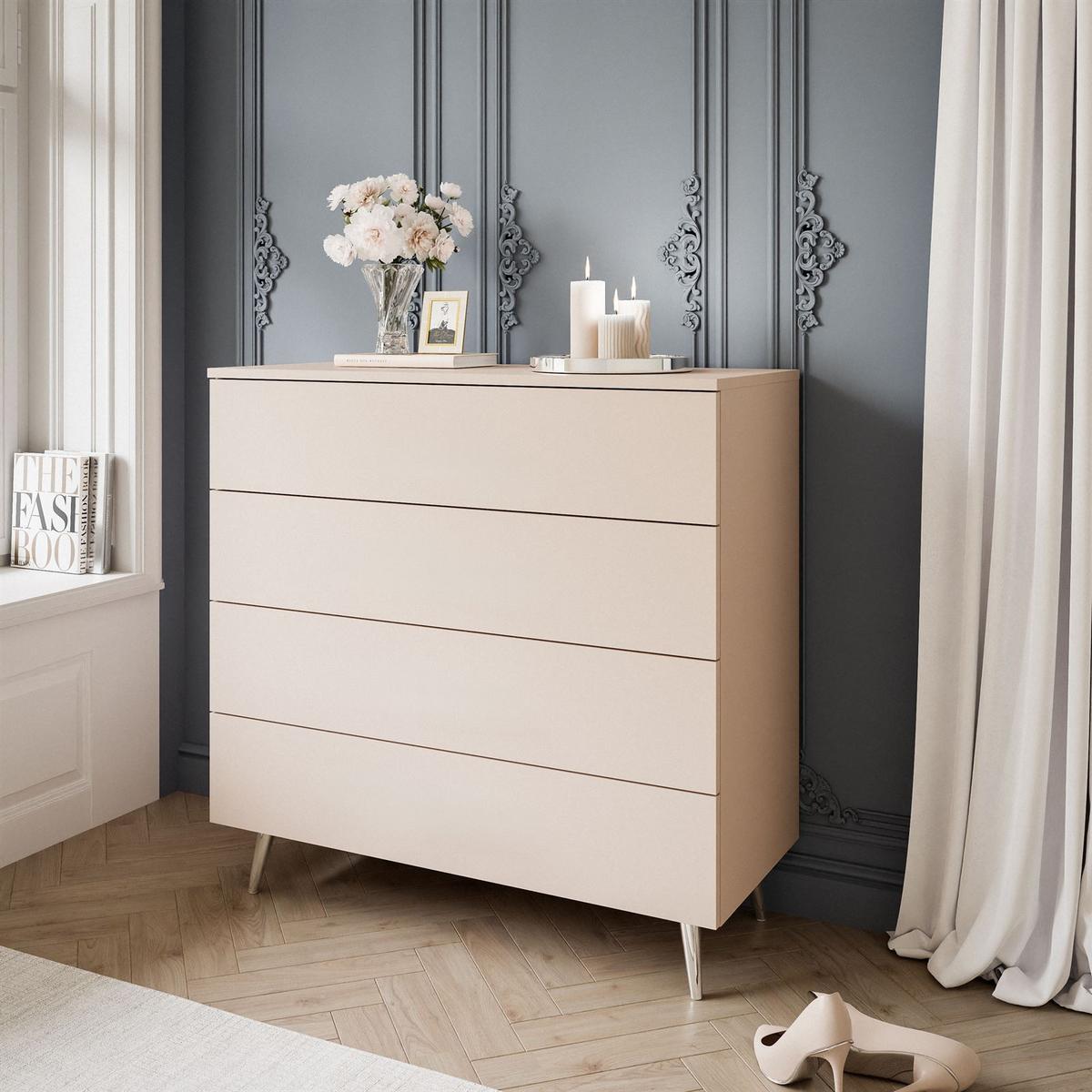 KOMMODE AURA KASCHMIR 4S mit Schubladen Silberne Beine - Kaschmir/Silberfarben, Holzwerkstoff (95/90/40cm) - Lookway