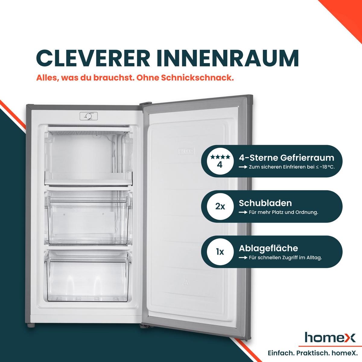 GEFRIERSCHRANK klein - 60L Nutzinhalt, 4-Sterne Gefrieren, kompakt, freistehend, silber - Silberfarben, Kunststoff/Metall (47.5/85/45cm) - homeX