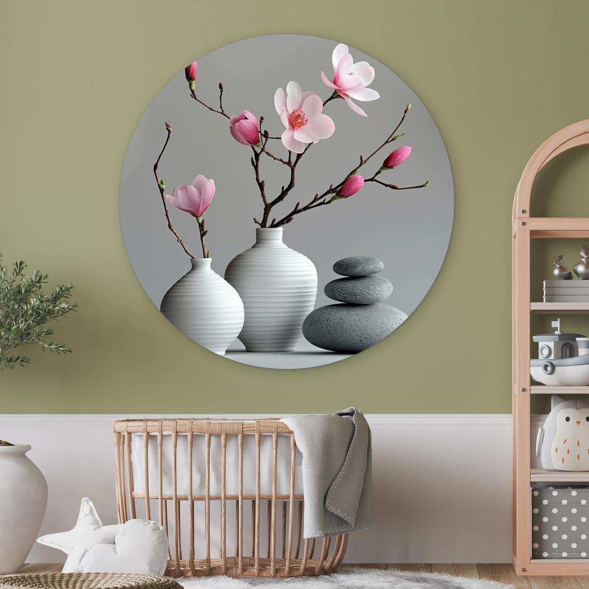 WANDBILD Magnolie - Blumen - Rosa - Zen-Steine Wandbild 120x120 cm - Hellgrau, Kunststoff (120/120cm) - MuchoWow