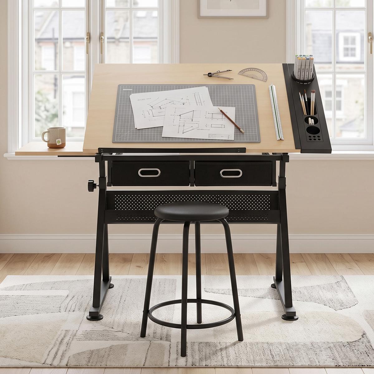 SCHREIBTISCH Zeichentisch Höhenverstellbar Neigbar Ahorn inkl Hocker & Schubladen - Ahornfarben, Holzwerkstoff (60/98/68cm) - Urban Meuble