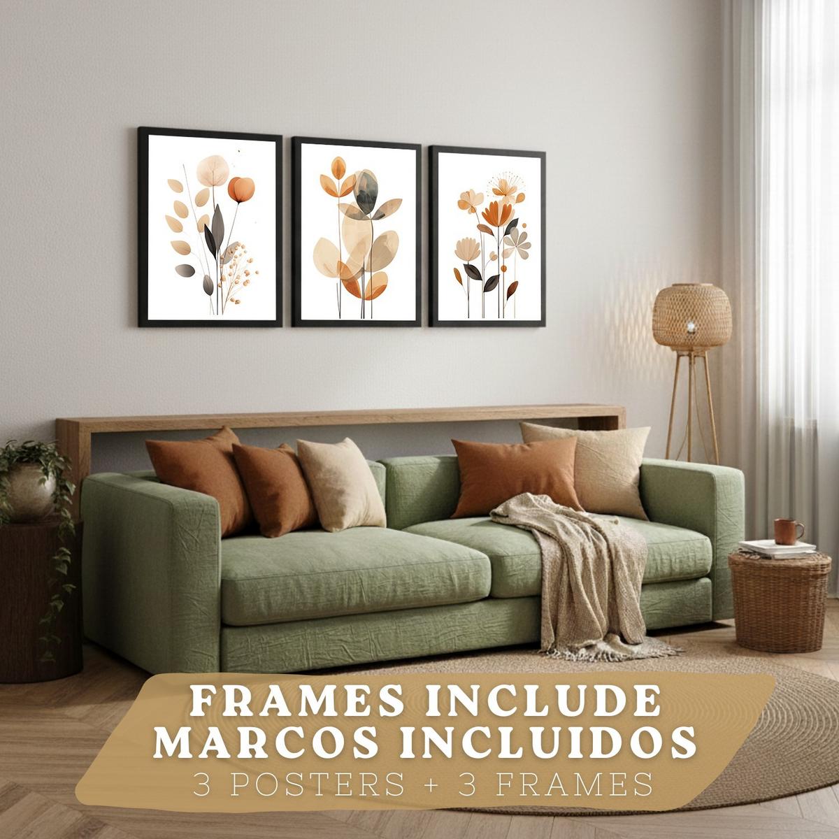 POSTER 3er-Set Wandbilder Orange Blumen modern Wohnzimmer Deko, Schlafzimmer, Küche, Badezimmer Schwarzer Rahmen A3 - Schwarz, Papier (29.7/1/42cm) - Nacnic