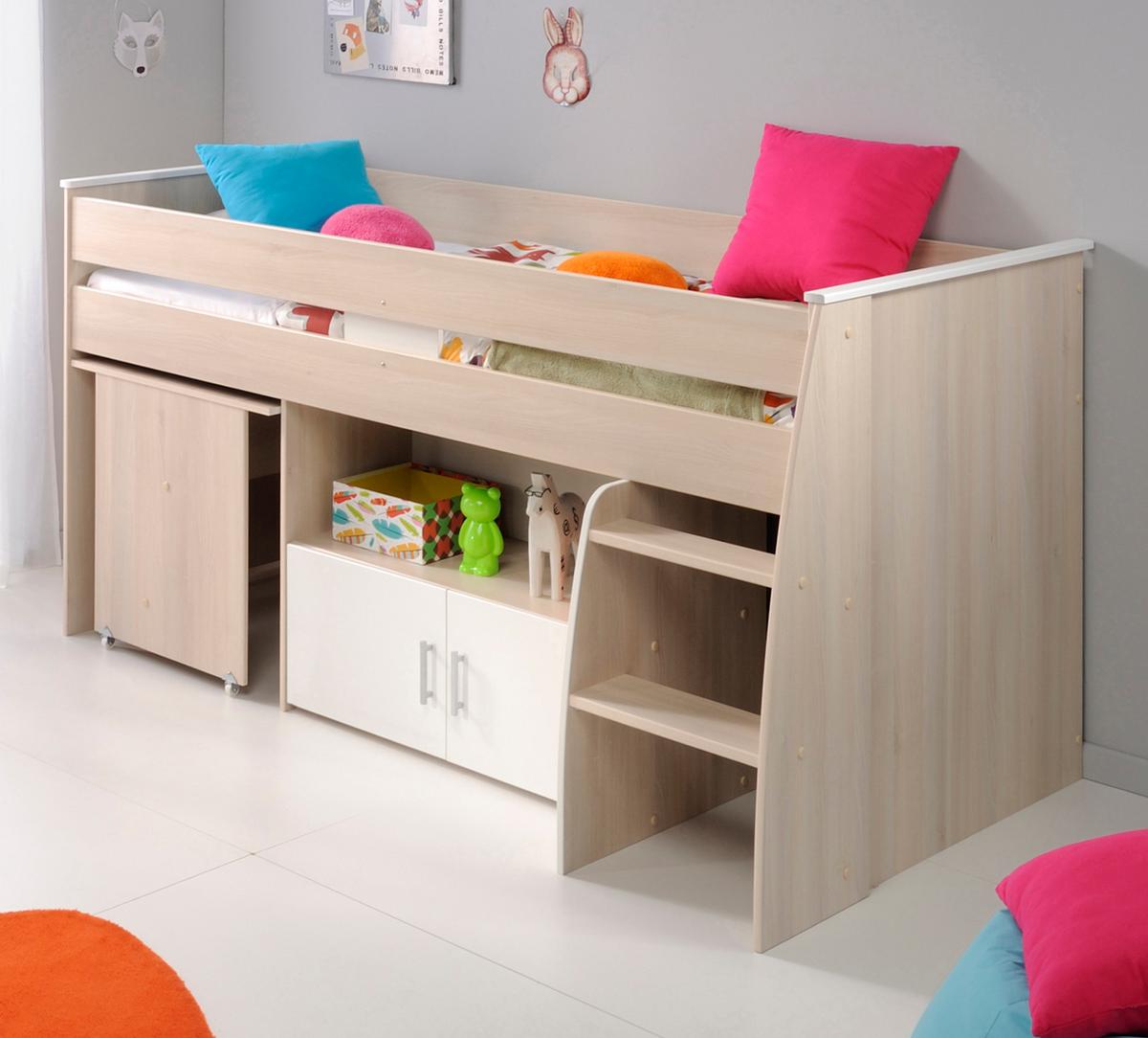HOCHBETT Jugendzimmer mit Schreibtisch ausziehbar Bett 90 x 200 - Silberfarben/Weiß, Holz/Kunststoff (90/200cm) - Parisot Meuble