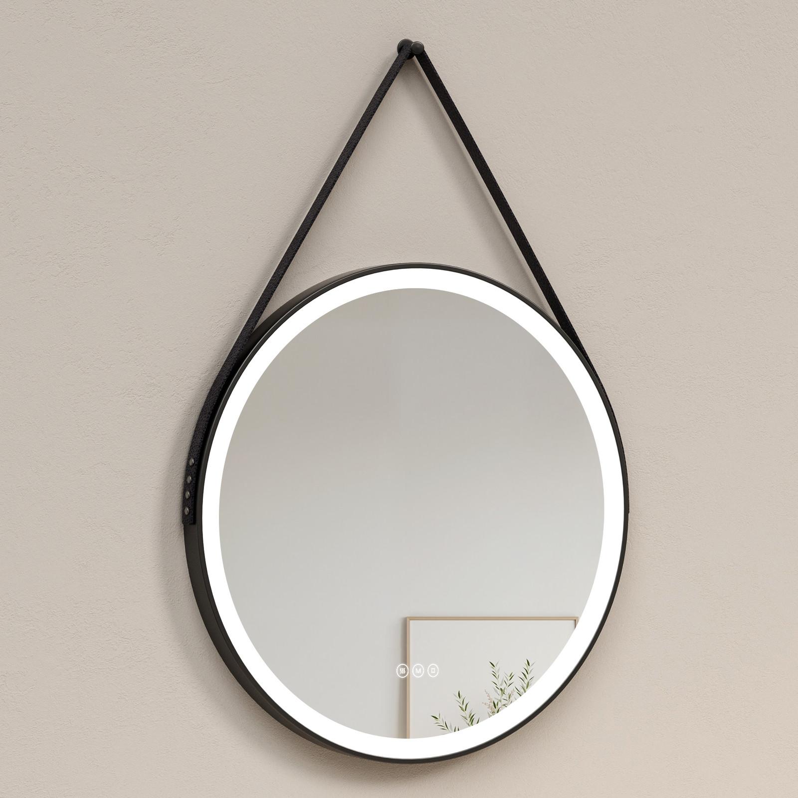 BADSPIEGEL mit Touch-Schalter Beleuchtung mit Hängeriemen Schwarz Ø 80 cm - Schwarz, Glas (80/80/3.5cm) - EMKE