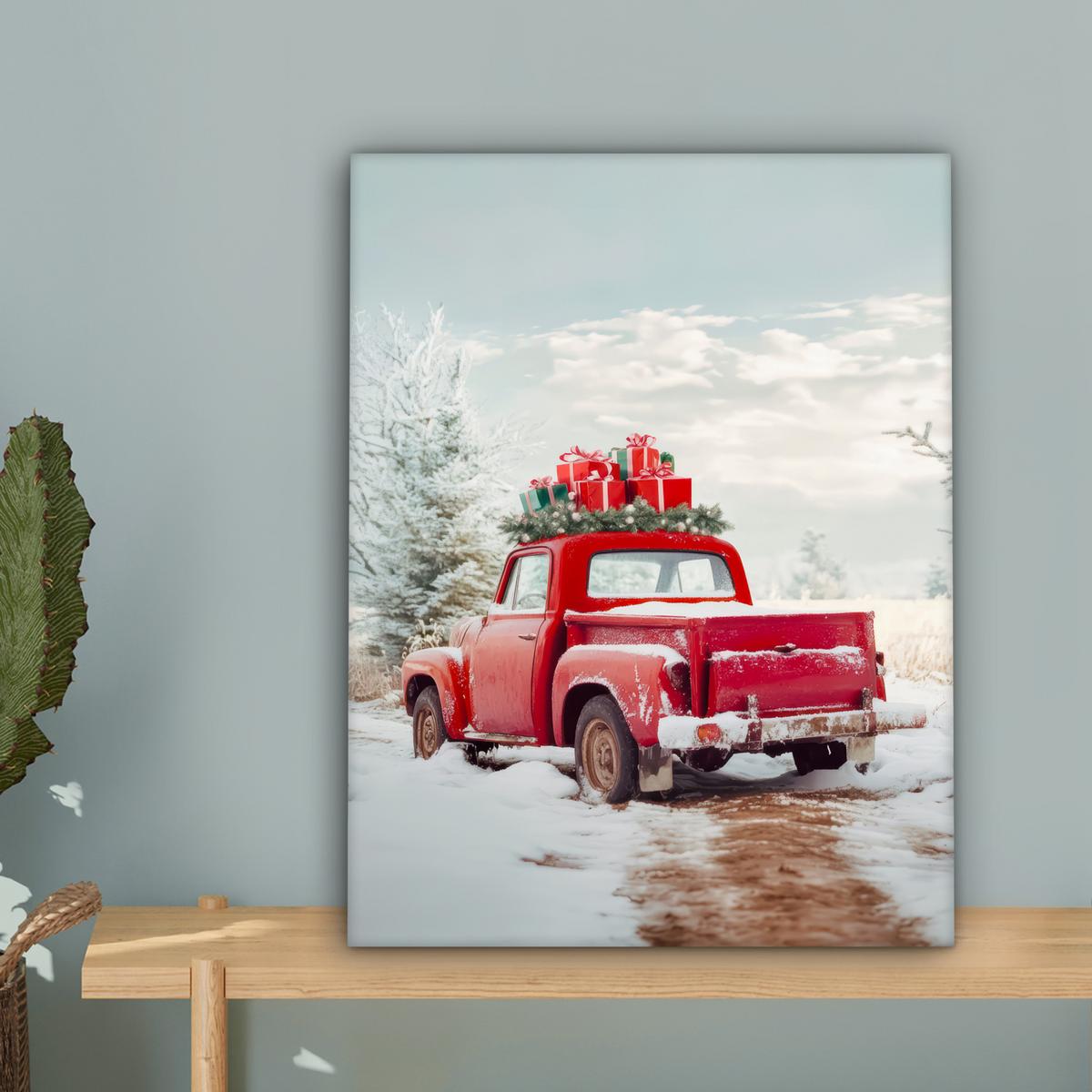 LEINWANDBILD Auto - Rot - Geschenke - Winter - Schnee - Weihnachten Room Decor 30x40 cm - Rot, Textil (30/40cm) - MuchoWow