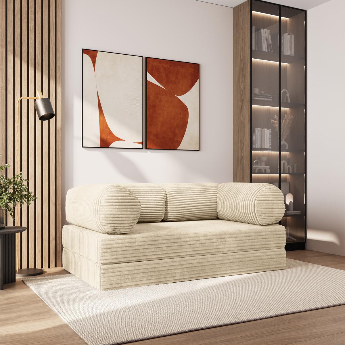 BETTSOFA ALVIO aus Schaumstoff Cordstoff Creme Schlaffunktion - Creme, Textil (170/68/80cm) - MASSENO