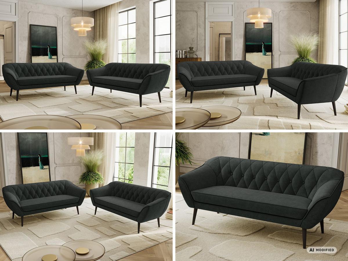 SITZGARNITUR PIRS 3+3 - Dunkelgrau Strukture - Schwarze Beine - Dunkelgrau/Graphitfarben, Holzwerkstoff/Textil (180/75/74cm) - MKS