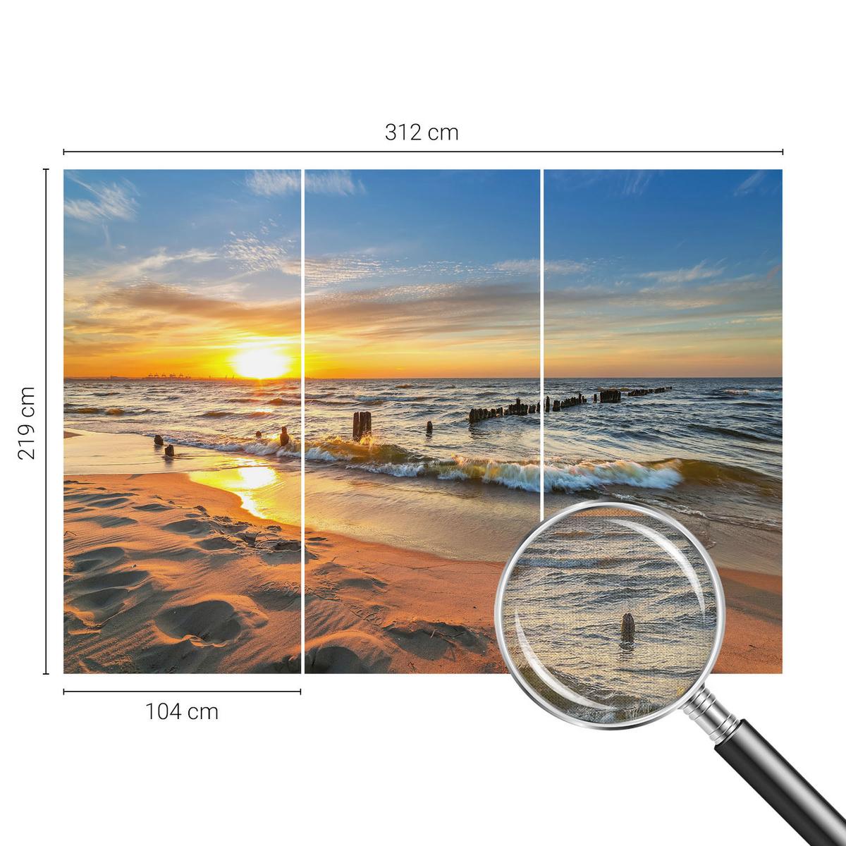 FOTOTAPETE 312x219 cm - Sonnenuntergang am Strand - Gelb, Textil (312/219cm) - Wallfluent