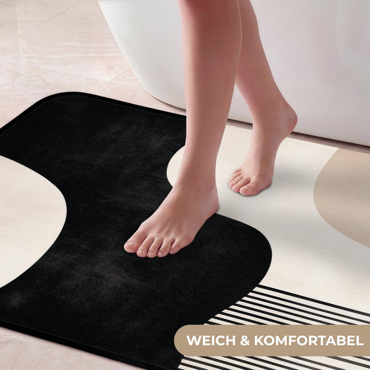 BADEMATTE Abstrakt - Japandi - Beige - Modern 120x60 cm - Beige/Schwarz, Textil (120/60cm) - OnlyWow