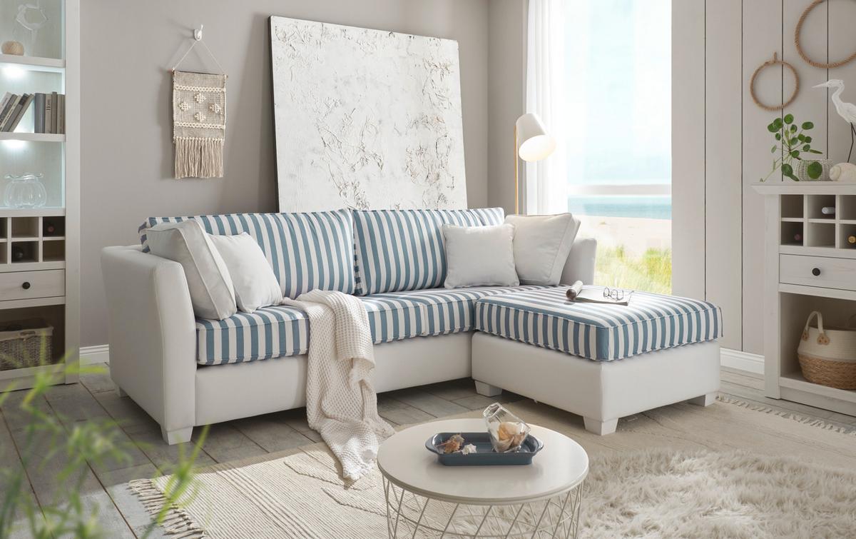 SOFA 3-Sitzer creme blau gestreift, Landhaus 240 cm, Couch Set inklusive Hocker - Blau/Creme, Holz/Textil (240/88/176cm) - Furn.Design