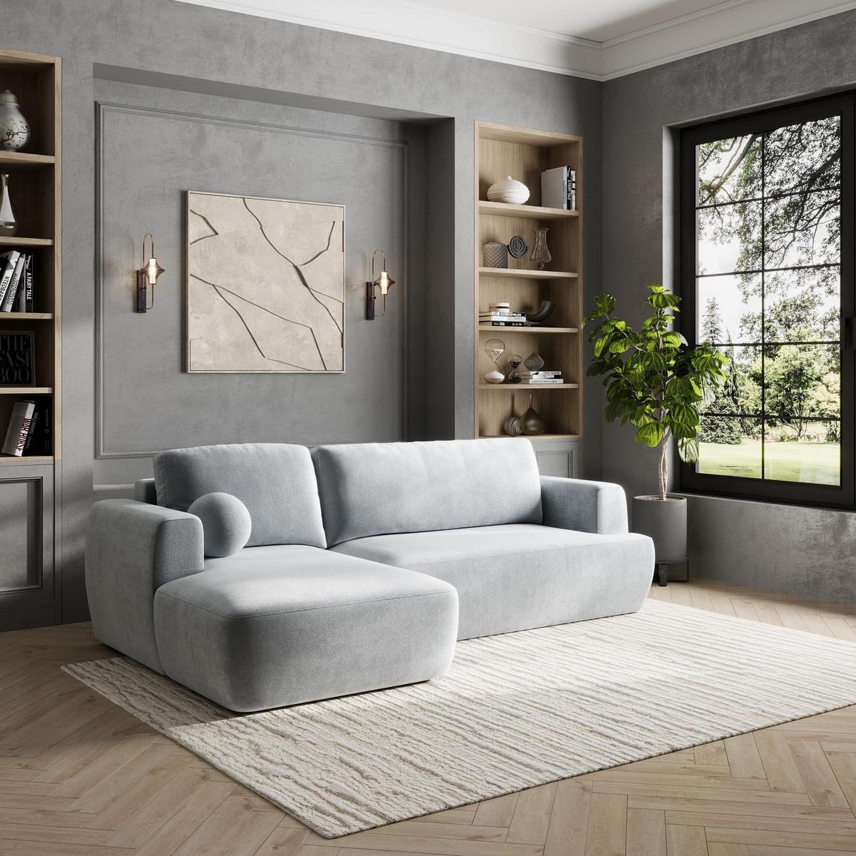 ECKSOFA SENTI K L-S Hellgrau Plüsch-Stoff mit Schlaffunktion - Hellgrau/Schwarz, Holz/Kunststoff (246/148cm) - MASSENO