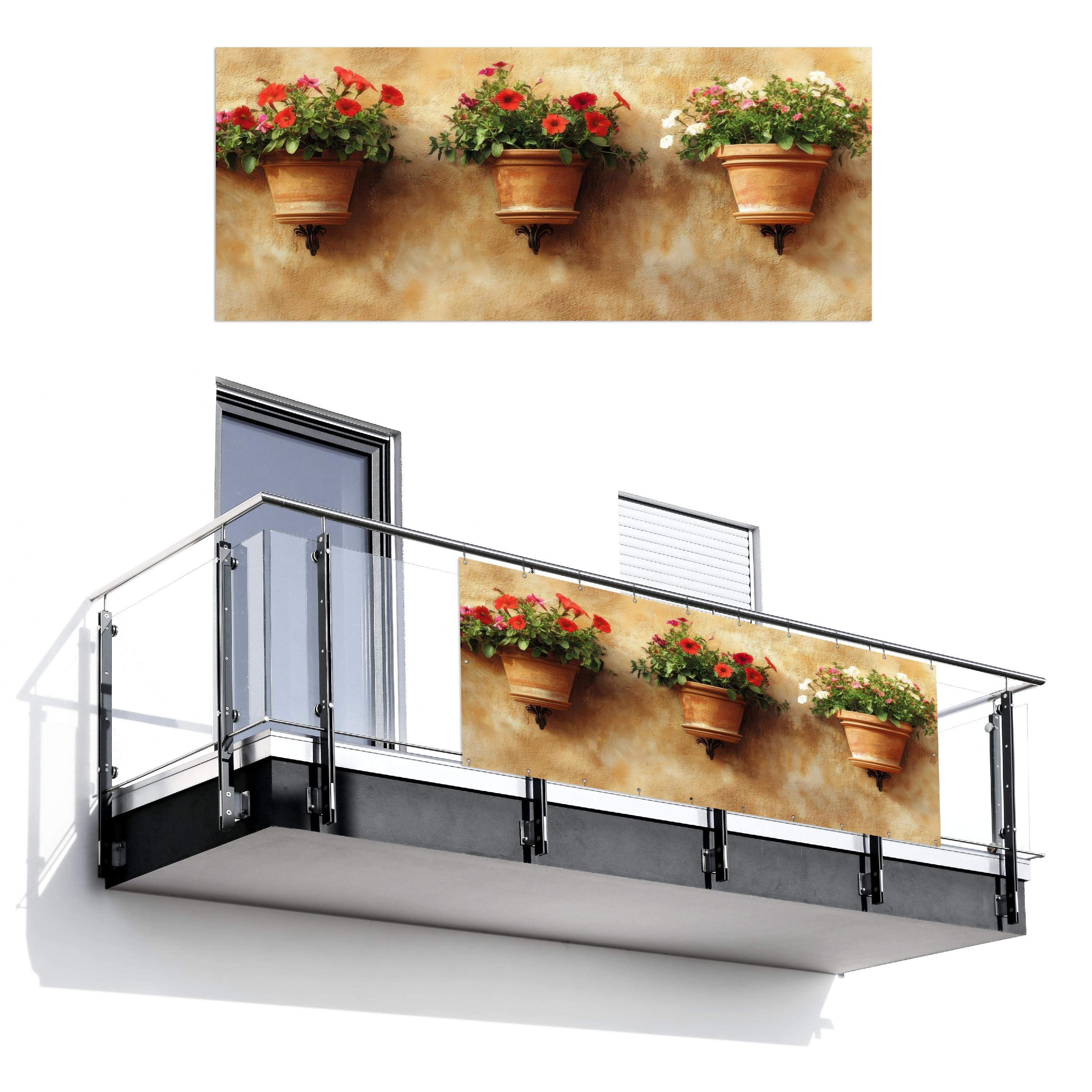 BALKON-SICHTSCHUTZ Blumentöpfe - Wand - Vintage Balkon Deko 300x120 cm - Terracotta, Kunststoff (300/120cm) - MuchoWow