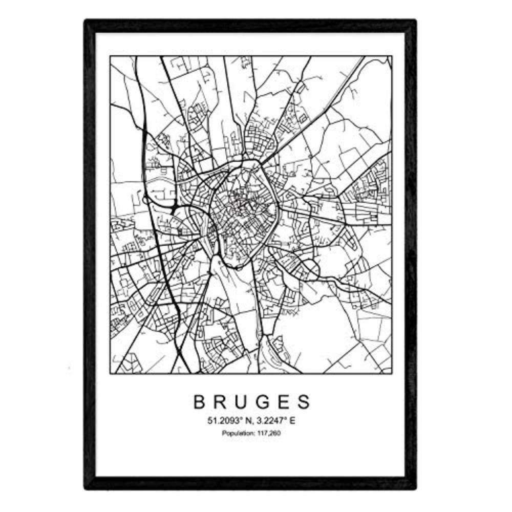 POSTER Brügge Stadtkarte – Nordisch A3 Schwarzer Rahmen - Schwarz, Papier (29.7/5/42cm) - Nacnic