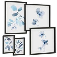 BILDER SET 5er Set - 50x50 cm & 20x30 cm & 40x60 cm Schwarzer Rahmen - Aquarell von blauen Blättern - Schwarz, Kunststoff (40/60cm) - TULUP