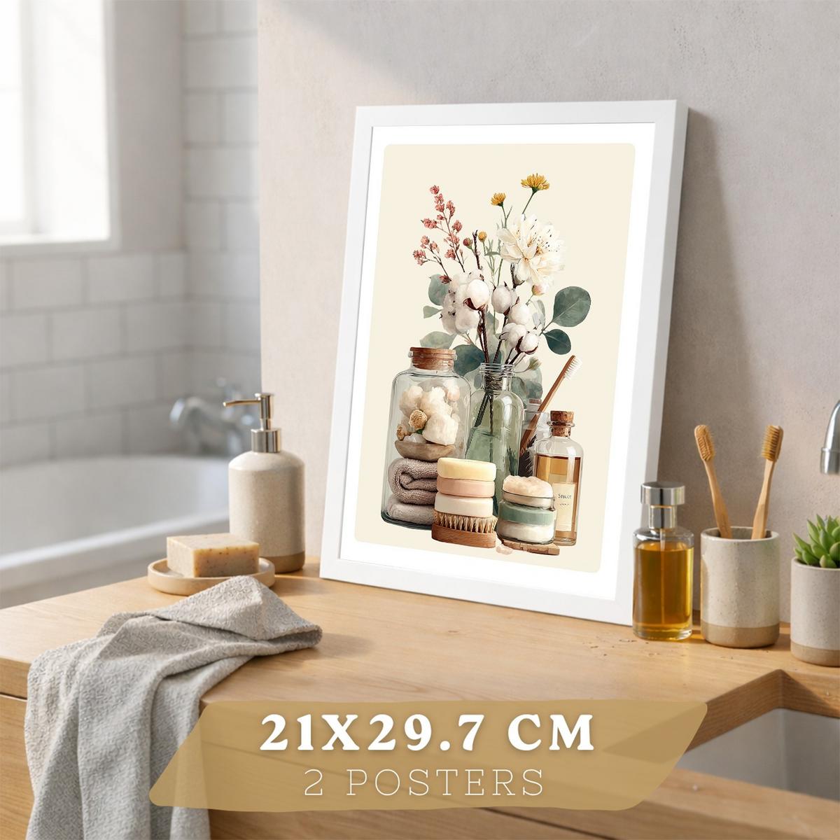 POSTER 2er-Set dekorative Kunstdrucke im Spa-Stil für, minimalistische Bilder mit Blumen Zen-Poster für entspannende Badezimmer- Weißer Rahmen A4 - Weiß, Papier (29.7/21/3cm) - Nacnic