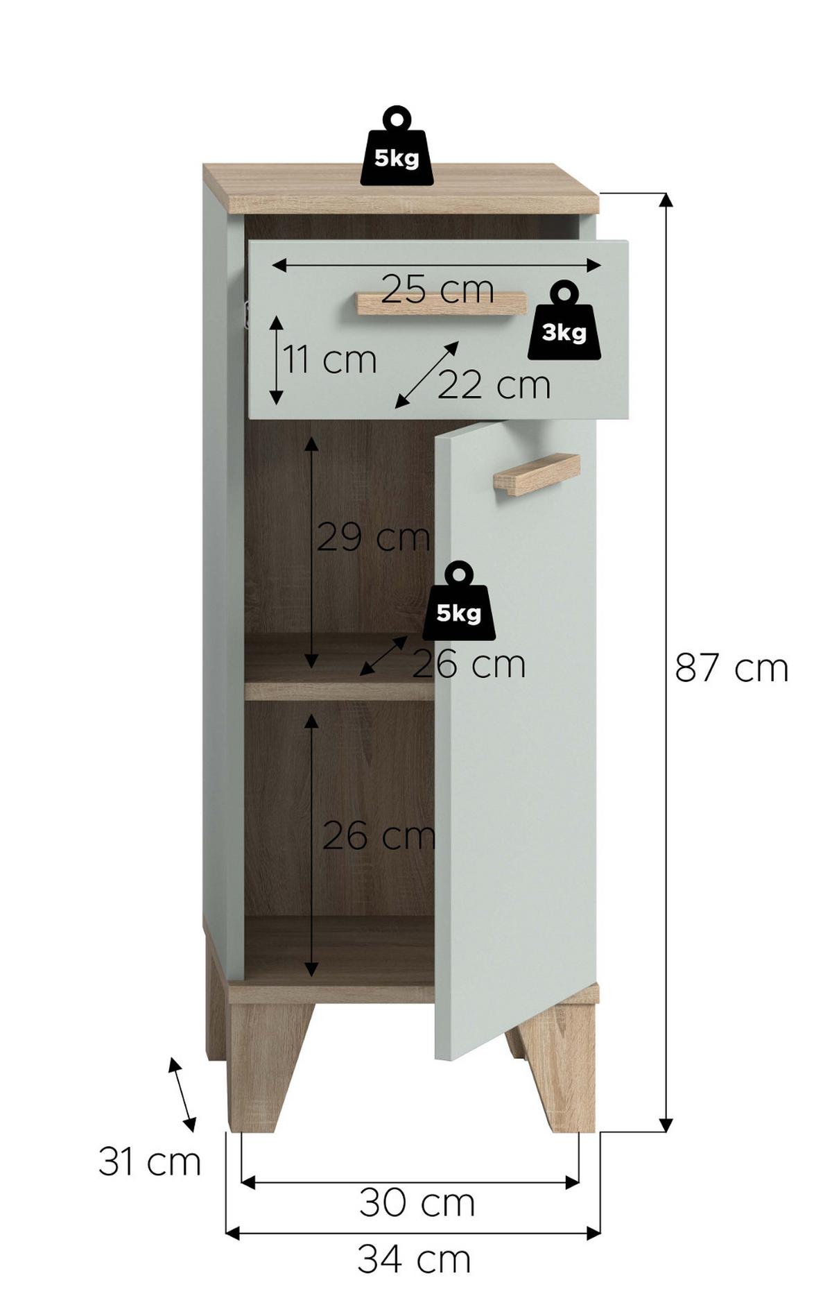 BADSCHRANK grün, Eiche 34 x 87 cm, Badezimmer Kommode skandinavisches Design - Eichefarben/Grün, Holzwerkstoff (34/87/31cm) - Inn.Furn
