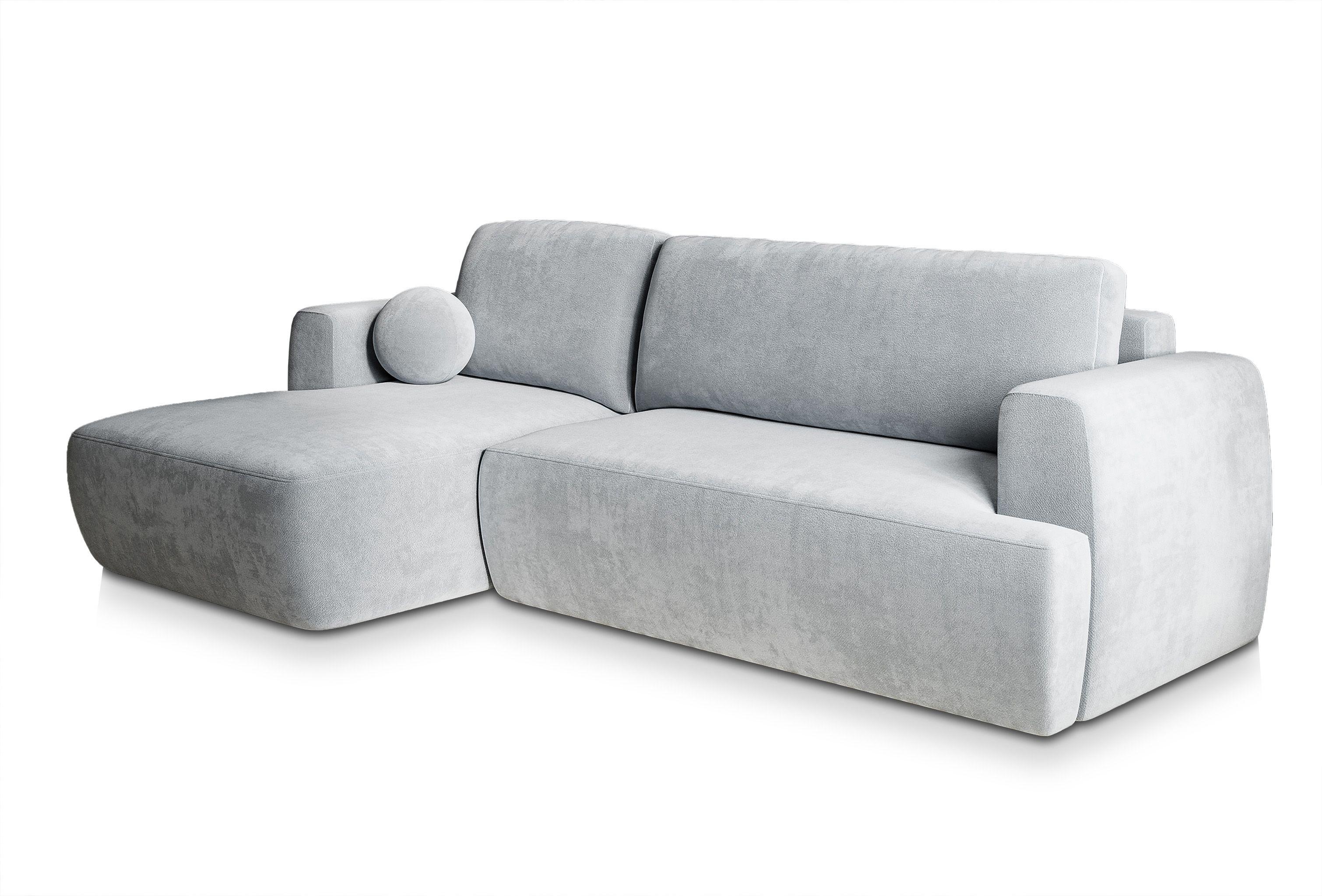 ECKSOFA SENTI K L-S Hellgrau Plüsch-Stoff mit Schlaffunktion - Hellgrau/Schwarz, Holz/Kunststoff (246/148cm) - MASSENO