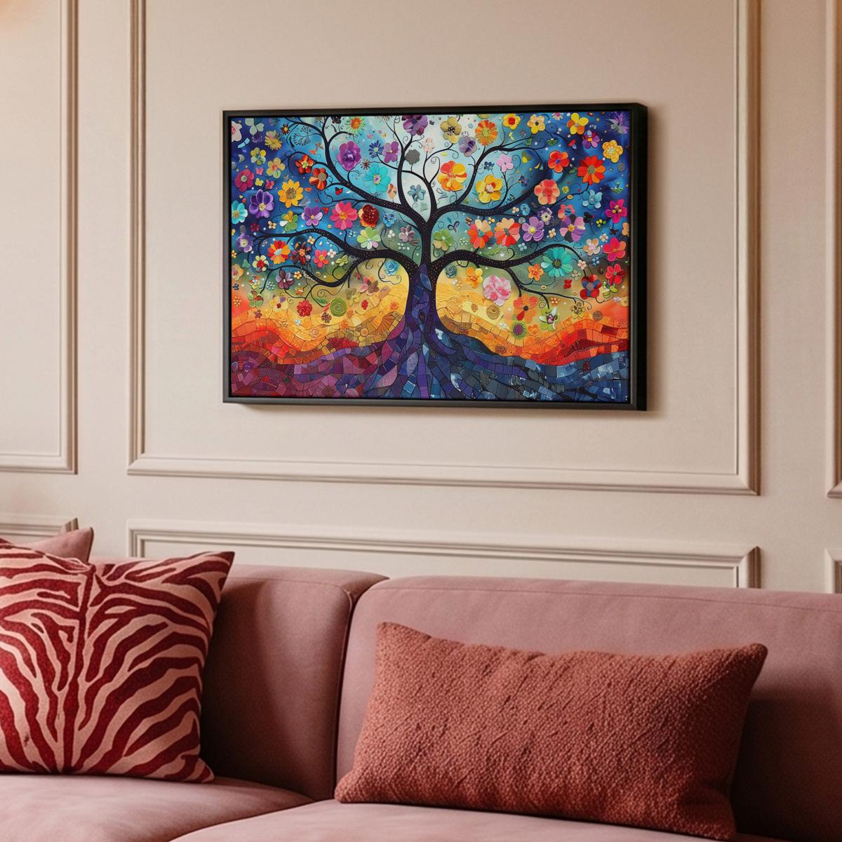 LEINWAND Bilder mit Rahmen - Kunst - Baum des Lebens - Blumen - Hippie - 60x40 - Dunkelblau, Textil (60/40cm) - MuchoWow