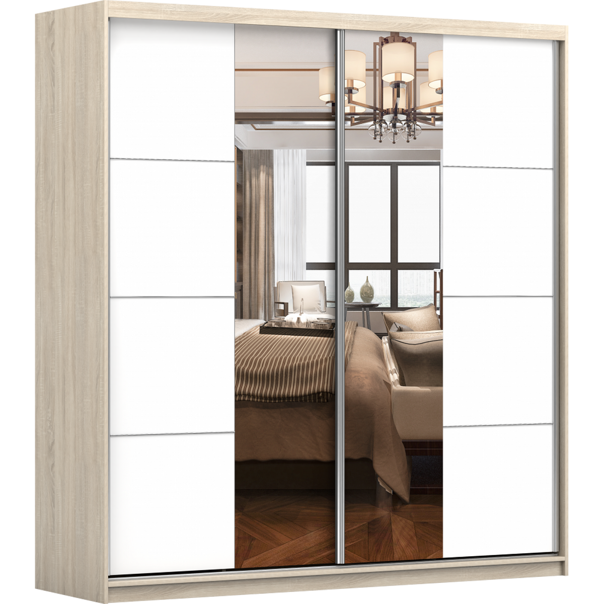 SCHWEBETÜRENSCHRANK 203/218/61/ cm 2-türig Pola 38 Sonoma Eiche/Weiß - Alufarben/Weiß, Glas/Holzwerkstoff (203/218/61cm) - imoebel24