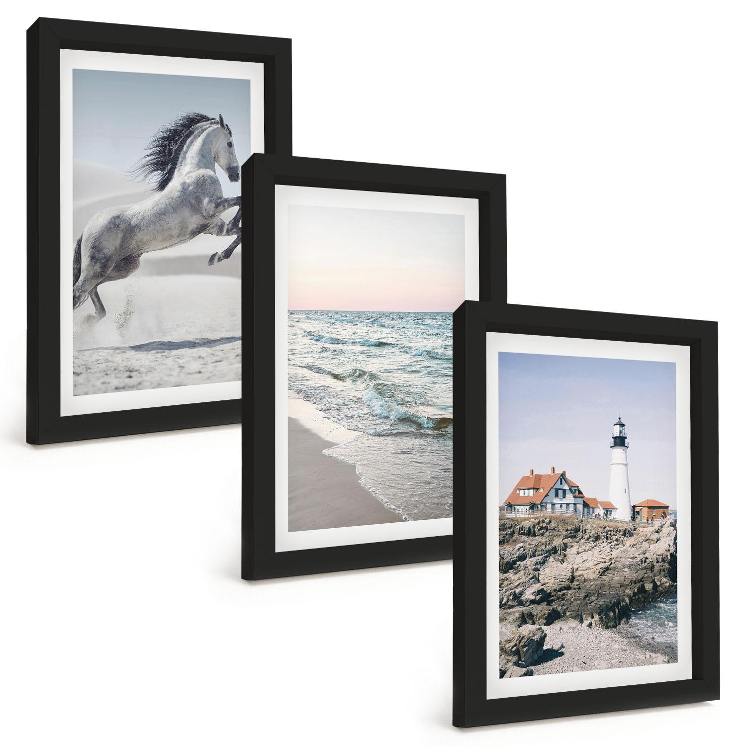 BILDER SET 3er Set - 20x30 cm Schwarzer Rahmen - Pferde, Strand, Leuchtturm, Wellen - Schwarz, Kunststoff (20/30cm) - TULUP