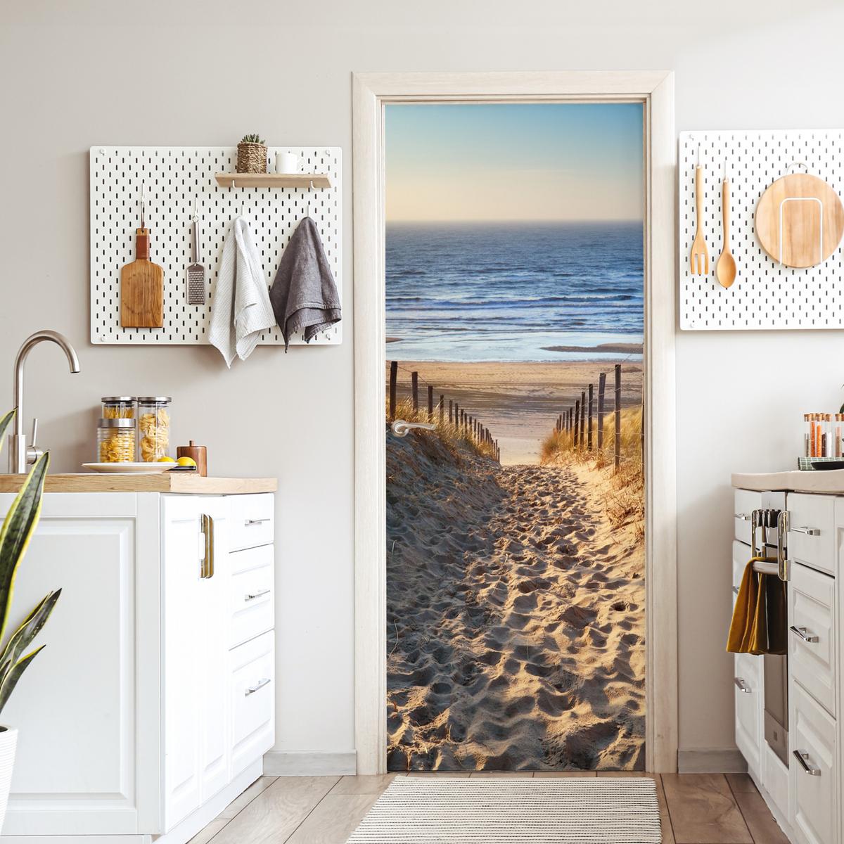TÜRAUFKLEBER Strand - Meer - Niederlande - Dünen - Sonne Fototapete 75x205 cm - Türtapete - Blau, Kunststoff (75/0.1cm) - MuchoWow
