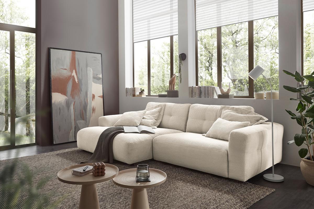 ECKSOFA MIKA Cremeweiß Cord - Creme/Schwarz, Kunststoff/Textil (276/167cm) - KAWOLA