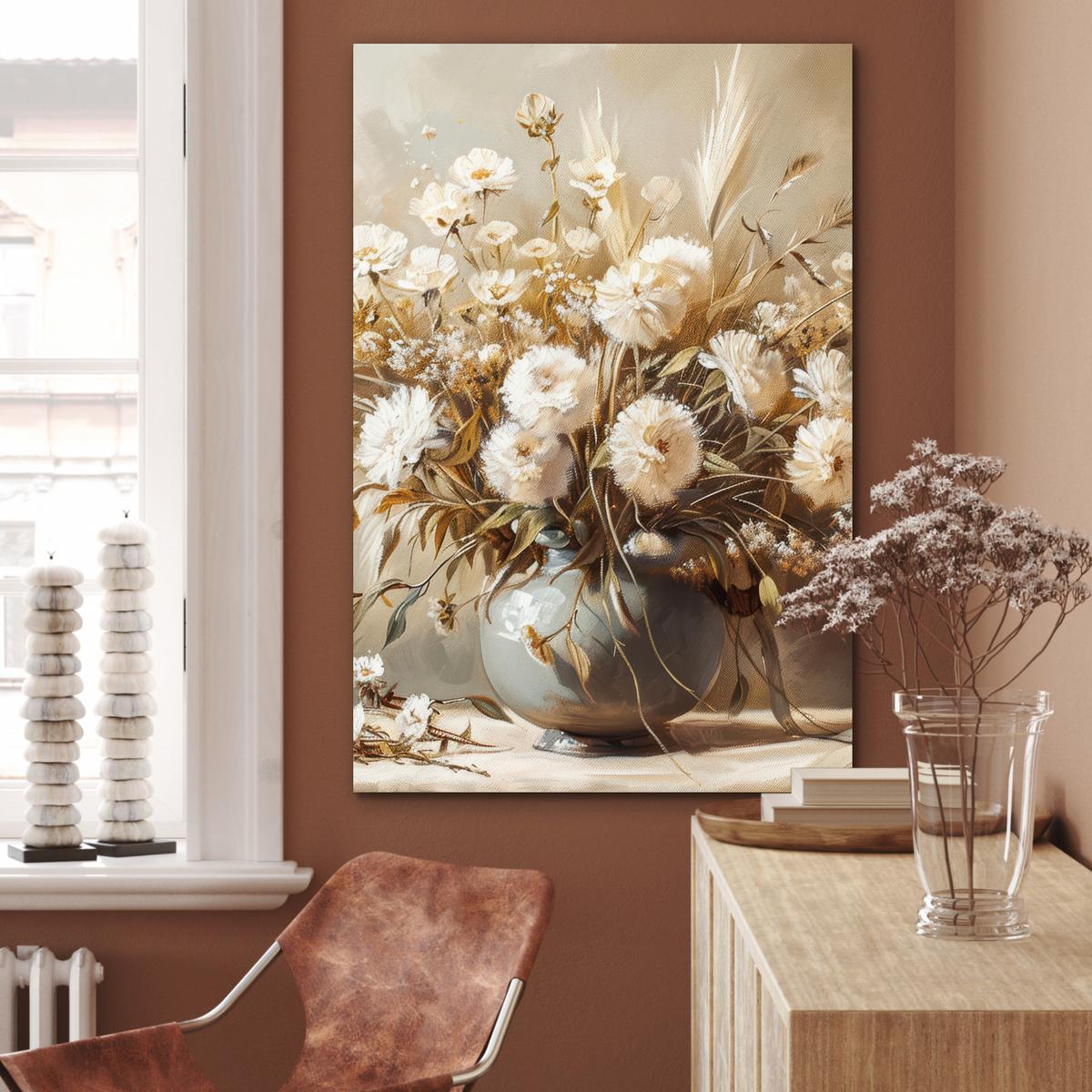 METALLBILD Blumen - Vase - Stilleben - Beige 80x120 cm - Creme, Metall (80/120cm) - MuchoWow