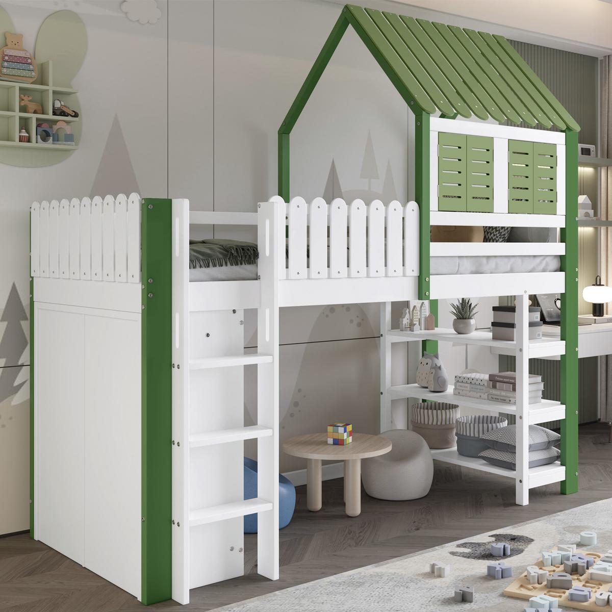 HOCHBETT, KINDERBETT Mit Leiter und Stauraum Grün und Weiß - Weiß/Grün, Holzwerkstoff - Urban Meuble