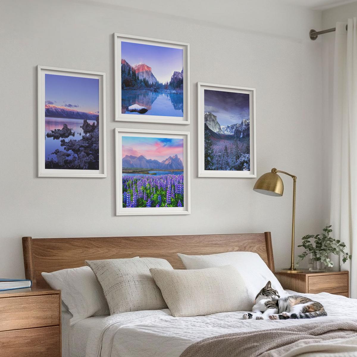 BILDER SET 4er Set - 50x50 cm & 40x60 cm Weißer Rahmen - Berglandschaften, Wasser, Blumenfeld - Weiß, Kunststoff (50/50cm) - TULUP