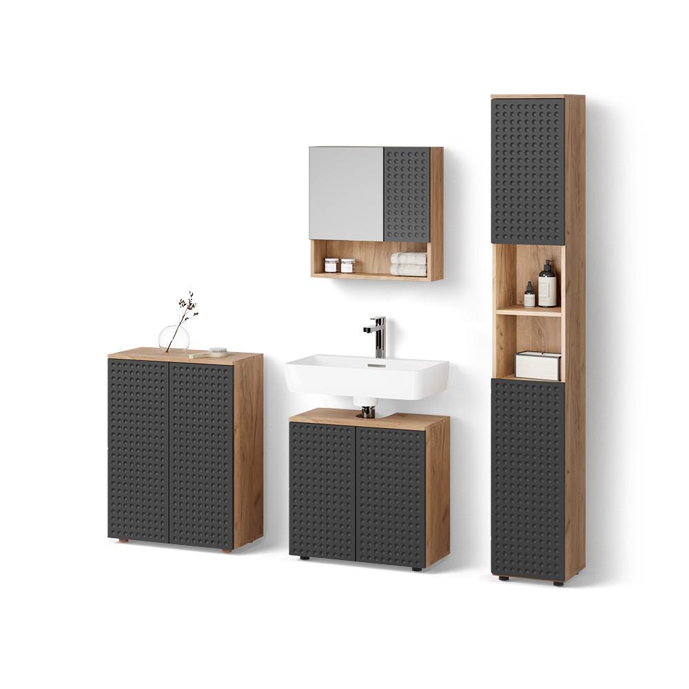 BADMÖBEL-SET Ronco Anthrazit gepunktet 4 Teile, mit Hochschrank und Kommode - Anthrazit, Holzwerkstoff (60/59/30cm) - Livinity®