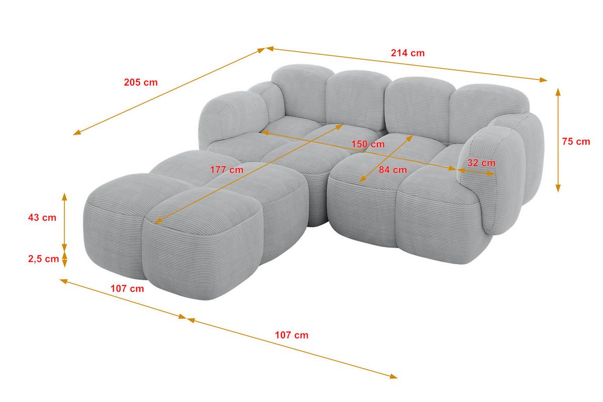 ECKSOFA modulares Sofa Links Miko-L1 214x205x75 Grau Cord - Anthrazit/Schwarz, Holzwerkstoff/Kunststoff (214/205cm) - ALTDECOR