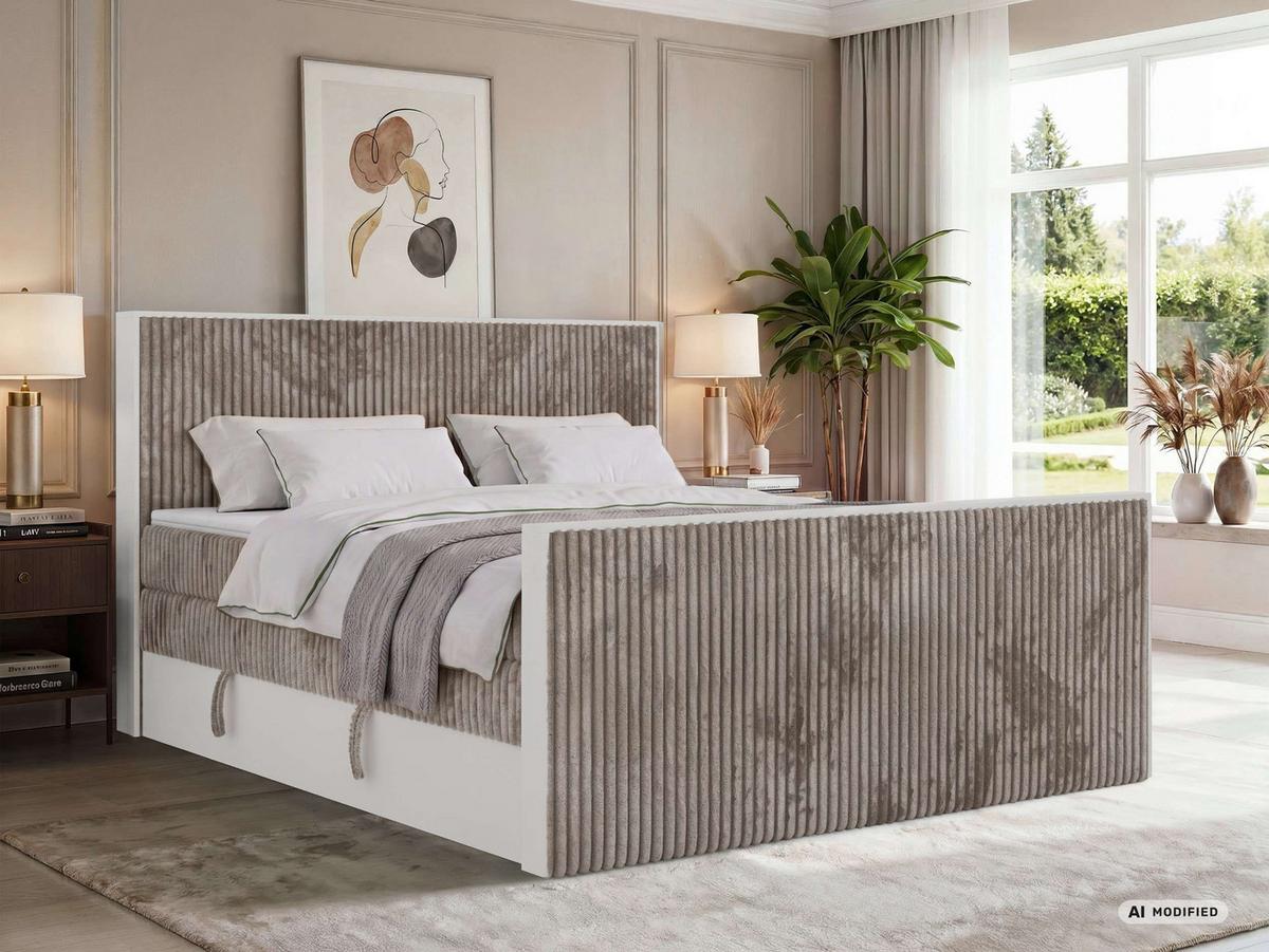BOXSPRINGBETT TRAVIT KING DUO 140/200 - Hellbraun Cord - Topper Visco - H3 - Hellbraun/Schwarz, Kunststoff/Textil (140/200cm) - MKS